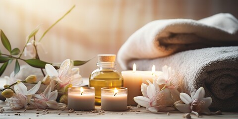 Beautiful spa treatment composition such as Towels, candles, essential oils, Massage Stones on light wooden background. blur living room, natural creams and moisturising Healthy lifestyle,