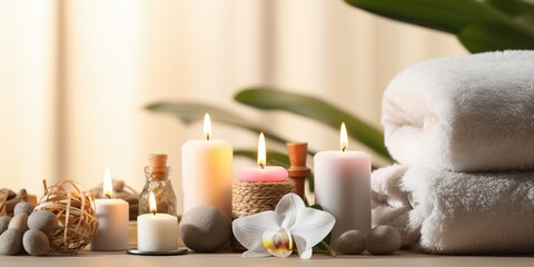 Obraz na płótnie Canvas Beautiful spa treatment composition such as Towels, candles, essential oils, Massage Stones on light wooden background. blur living room, natural creams and moisturising