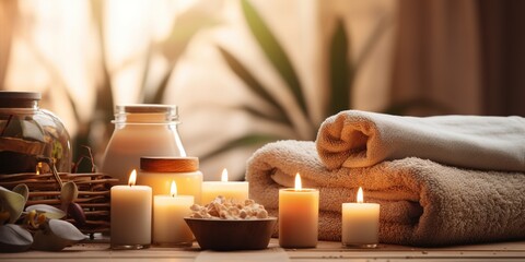 Beautiful spa treatment composition such as Towels, candles, essential oils, Massage Stones on...