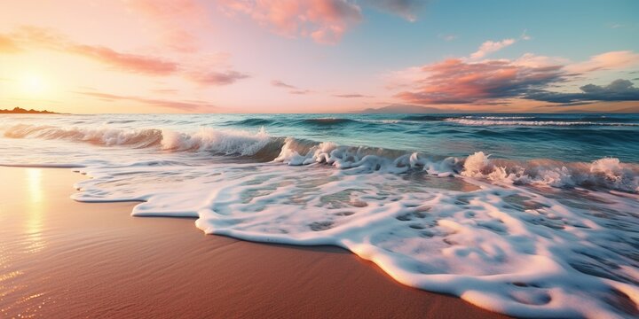 Beautiful sand beach in sunset time. Close up sea wave on sand beach. Sea shore. Concept travel and summer vacation.