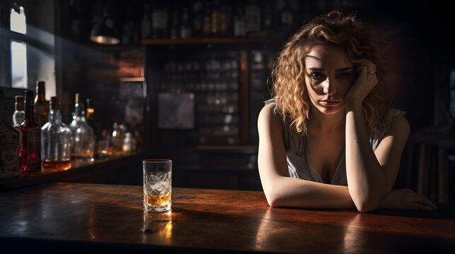 Drunk desperate depressed sad woman sitting in a bar drinking hard liquor out of shot glasses