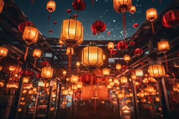Obraz na płótnie Canvas Paper lanterns at Loi Krathong festival in Chiang Mai, Thailand. Chinese lanterns at night in Chinatown