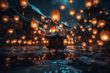 Paper lanterns at Loi Krathong festival in Chiang Mai, Thailand. Chinese lanterns at night in Chinatown - obrazy, fototapety, plakaty