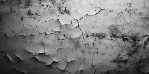 Black white grunge background for design. Old rough concrete wall with cracks. Close - up. Dark gray distressed texture. Crushed, broken, damaged surface.