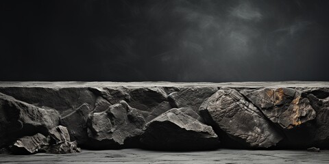 Black white rock stone mountain grunge background. Design. Wall table shelf floor. Product. Stage stand mockup. - obrazy, fototapety, plakaty