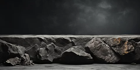 Foto op Plexiglas Black white rock stone mountain grunge background. Design. Wall table shelf floor. Product. Stage stand mockup. © Svitlana