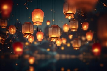 Paper lanterns at Loi Krathong festival in Chiang Mai, Thailand. Chinese lanterns at night in Chinatown - obrazy, fototapety, plakaty