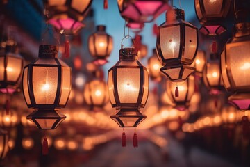 Fototapeta na wymiar Hanging Chinese lanterns in the night. Hanging lanterns in the night sky, Chiang Mai, Thailand