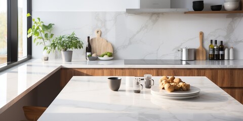 Close up of a marble table top in a white modern kitchen with built in cabinets and a counter. Interior of a showcase cooking room mockup
