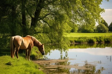horse grazing beside a tranquil pond