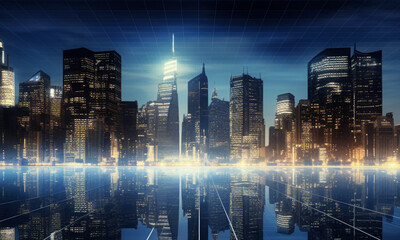 Background of a futuristic city with skyscrapers and lights