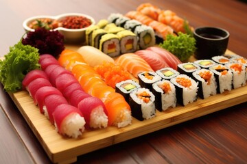 platter of different sushi types on a bamboo mat