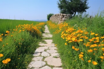 a narrow stone path through marigold flowers field