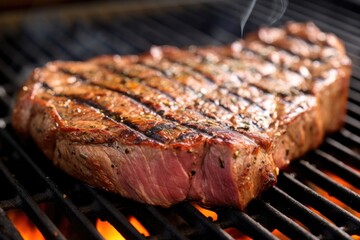 an up-close view of seared grill marks on t-bone steak