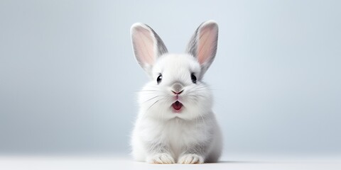 Fototapeta premium Cute animal pet rabbit or bunny white color smiling and laughing isolated with copy space for easter background, rabbit, animal, pet, cute, fur, ear, mammal