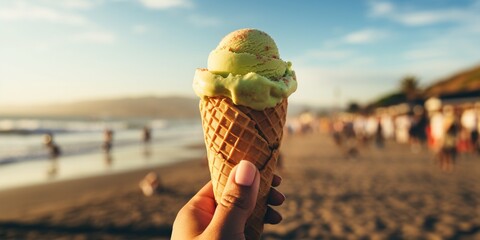 Delicious avocado ice cream cone. Female hand holding natural avocado ice cream in wafer cone on blurred beach background. Healthy dessert. Summer vacations and holidays. FoodTok trend. - obrazy, fototapety, plakaty