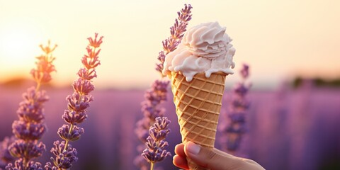 Delicious lavender ice cream. Female hand holding natural lavender ice cream in wafer cone on...
