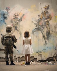 Little girl in a white dress and a soldier on the background of graffiti