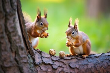 Obraz premium two squirrels sharing a nut under a tree