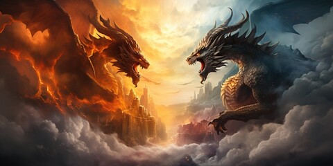 Draw a fantasy battle of dragons in the sky, breathing fire and smoke - obrazy, fototapety, plakaty