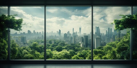 Eco green city view though window in office or workplace background.