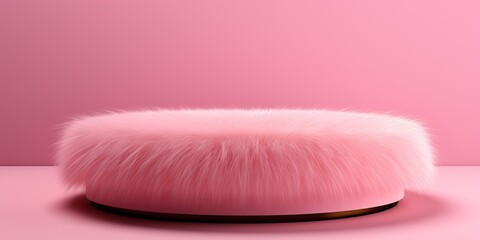 Elegant empty round fur podium for presentation on pink background. Showcase for advertising or promotional of products.