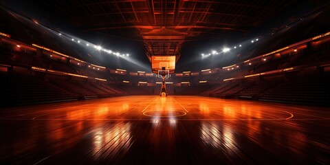 Empty basketball arena, stadium, sports ground with flashlights and fan sits