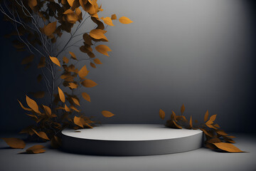 Empty podium with calm and elegant autumn atmosphere for product presentation. Mockup for branding, packaging, marketing, web, banner, editorial, printed matter.