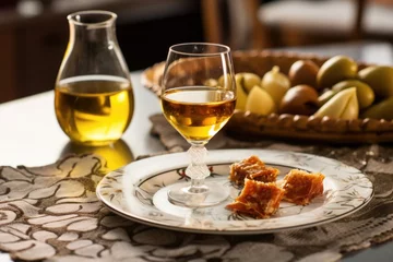 Fotobehang serving glass of sherry with a tapa on side plate © altitudevisual