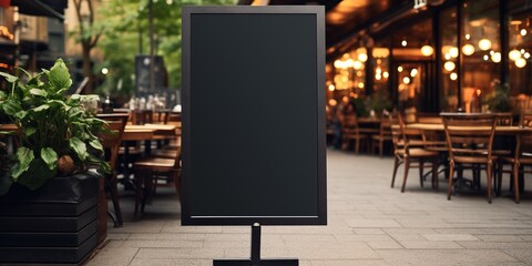 Empty black menu board mockup near restaurant or cafe entrance. Cafe menu on the street, advertising black mockup. - obrazy, fototapety, plakaty