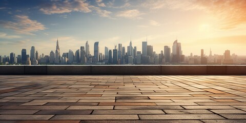 Empty brick floor with city skyline background