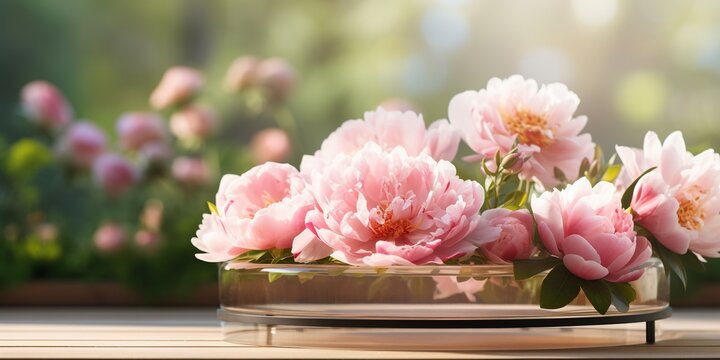 Empty glass platform on blurred garden background with blooming peonies. Show case for natural cosmetic products. Concept scene stage for new product, promotion sale and presentation.