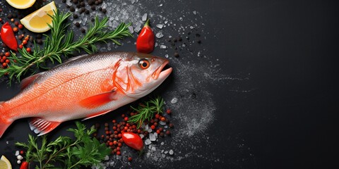 Food banner with fresh sea fish, raw salmon fillet on a black stone background with copy space. Large piece of red fish before cooking.