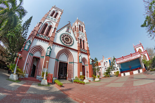 Facade of catholic church in Pondicherry.The Sacred Heart Basilica.