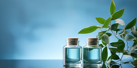 Glass cosmetic bottles with organic moisturizing beauty products on glass shelf on blue background with eucalyptus branches. Natural cosmetics based on fermented products. low angle view, soft focus - obrazy, fototapety, plakaty