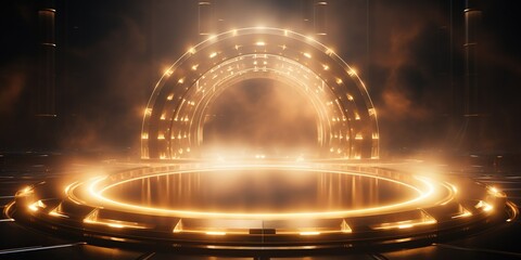Golden abstract luxury background, frame stage, in the style of futuristic space escapes, light installations, circular shapes, light - filled landscapes, vibrant stage backdrops