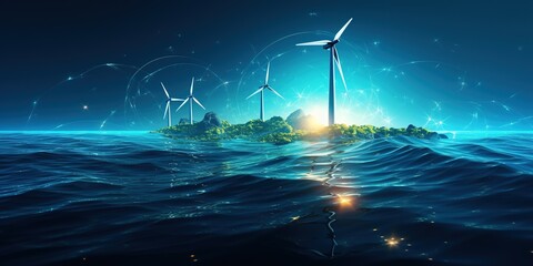 Graphic image of rotating wind generator on the dark blue water surface background. Sustainable wind energy process. Virtual data technology. Green energy production. Mockup - obrazy, fototapety, plakaty