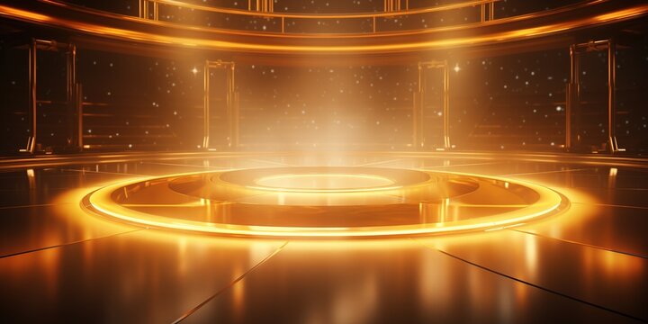 Golden abstract luxury background, frame stage, in the style of futuristic space escapes, light installations, circular shapes, light - filled landscapes, vibrant stage backdrops