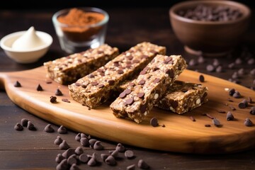 vegan protein bars on a wooden board