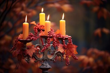 candelabra with lit candles in autumn colors - obrazy, fototapety, plakaty