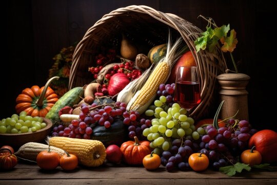 cornucopia filled with autumn harvest fruits and vegetables