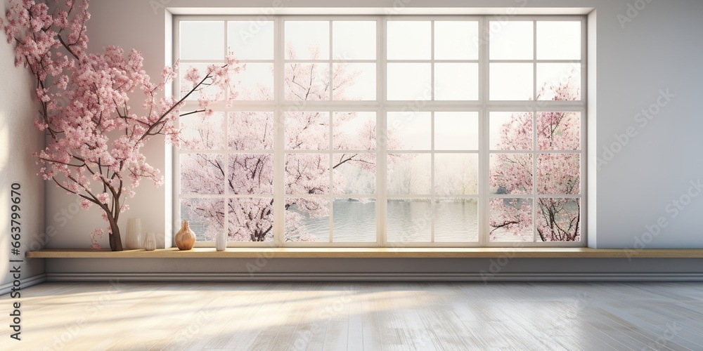 Poster light empty modern room with a spring landscape in the window.