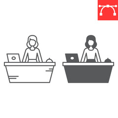 Reception line and glyph icon, receptionist and hotel services, customer service desk vector icon, vector graphics, editable stroke outline sign, eps 10.
