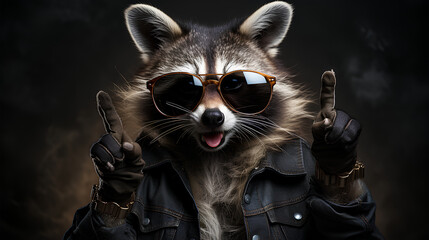 Raccoon in leather jacket and sunglasses with gun on dark background