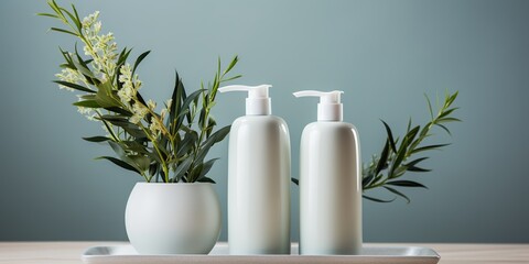Mock up of natural beauty products. White cosmetic bottles with green leaves on a light neutral background. Soft image and soft focus style. Organic cosmetic products. - obrazy, fototapety, plakaty