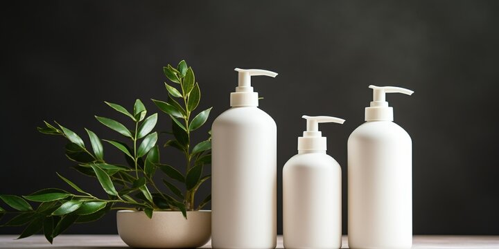 Mock up of natural beauty products. White cosmetic bottles with green leaves on a light neutral background. Soft image and soft focus style. Organic cosmetic products.