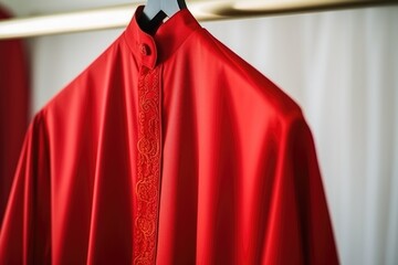 detailed shot of a red priest cassock on a hanger