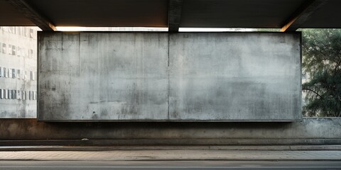 Mockup of blank black signboard on concrete wall in city.