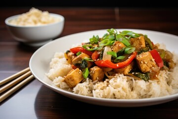 tofu stir-fry garnished with scallions
