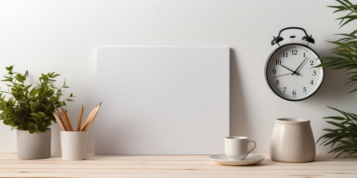 Mockup of a white background with an empty frame, a round wall clock, supplies, and a cup. desk for a home office with small space.